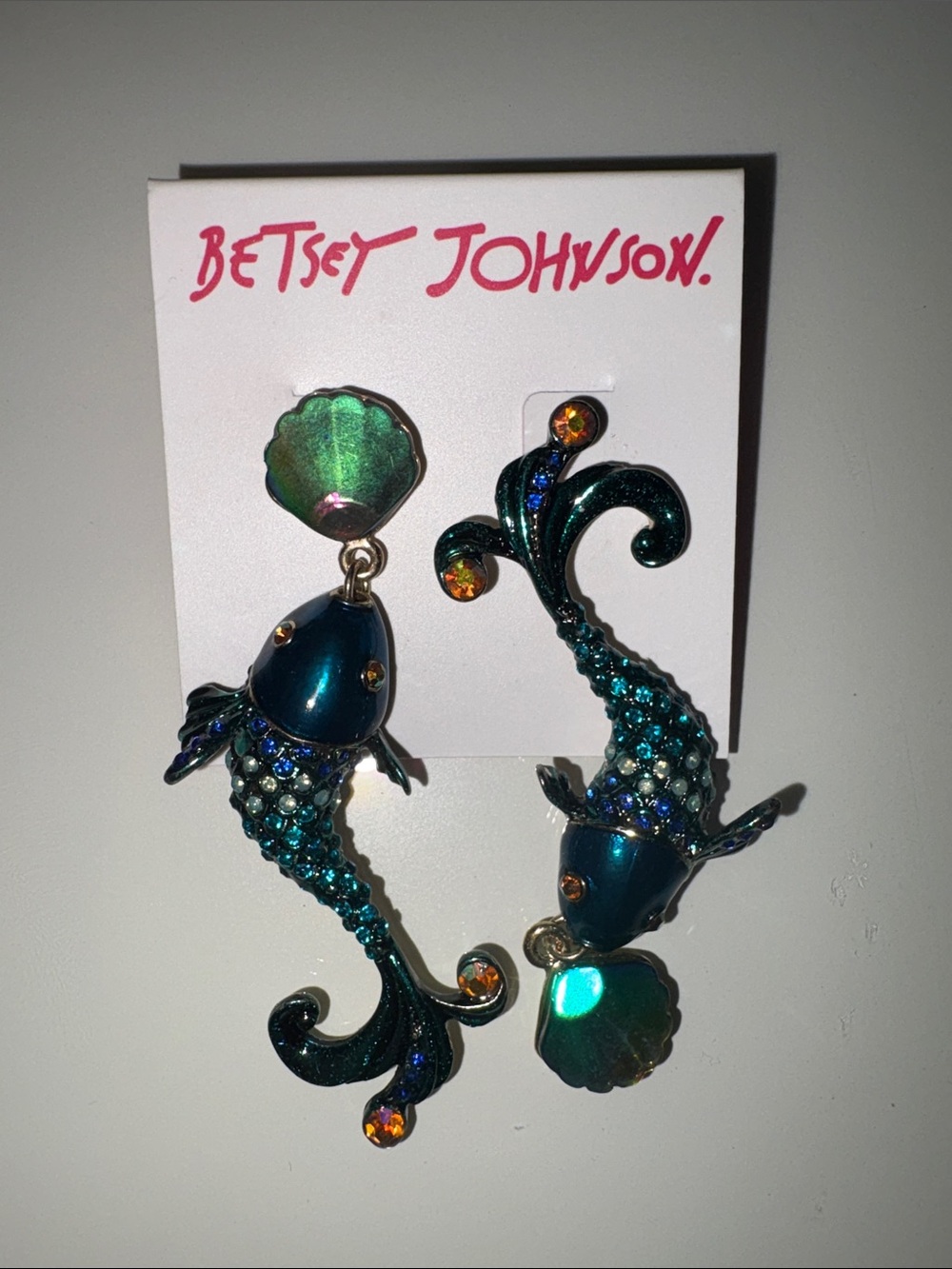 Betsey Johnson Iridescent Teal Crystal Fish Drop Earrings